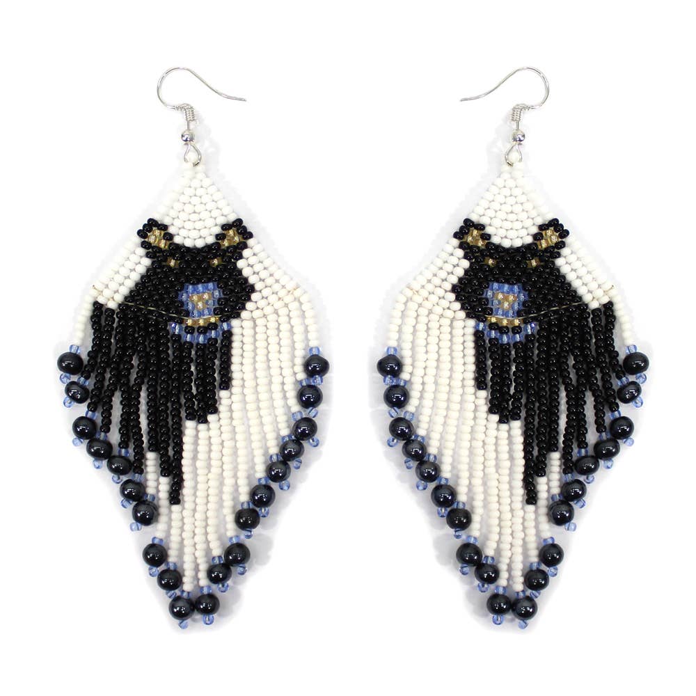 1 1/2" Drop Style Black White Color Stone Chip Handmade Dangle Seed Bead Earring 
